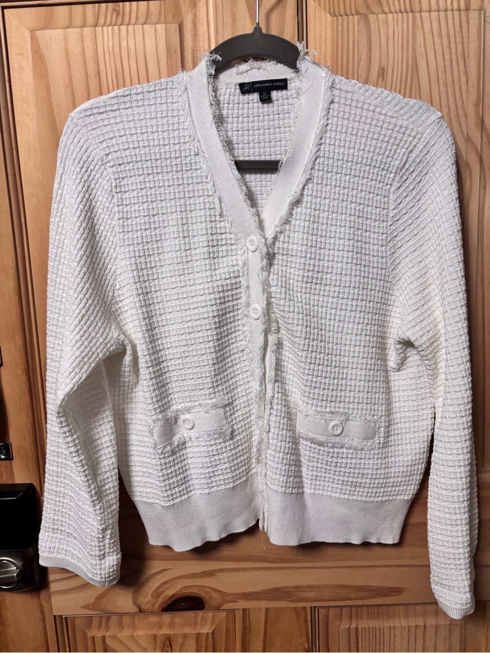 Adrianna Papell Waffle Knit Fringe Trim Cardigan M Ivory White V-Neck NWOT